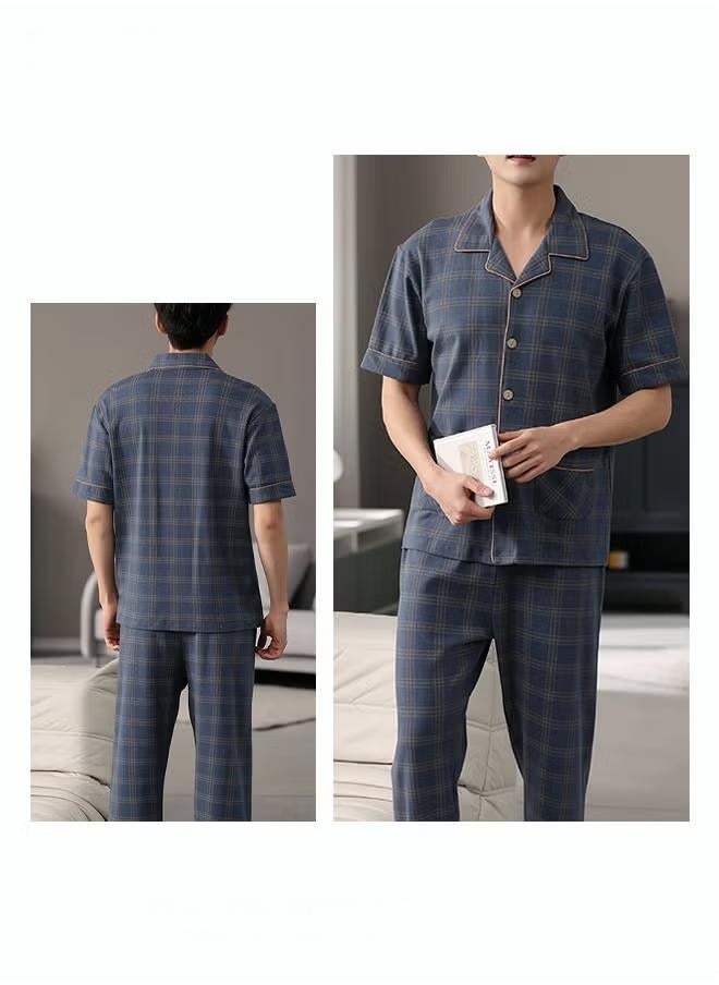 Men's cotton short-sleeve set, long pants suit, fashionable pajamas, men's summer large size loose summer light and comfortable leisure home clothes, blue