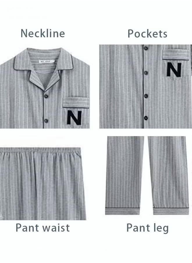 Men's cotton short-sleeve set, long pants suit, fashionable pajamas, men's summer large size loose summer light and comfortable leisure home clothes, blue