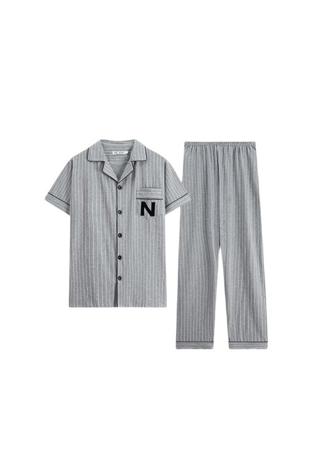 Men's cotton short-sleeve set, long pants suit, fashionable pajamas, men's summer large size loose summer light and comfortable leisure home clothes, blue