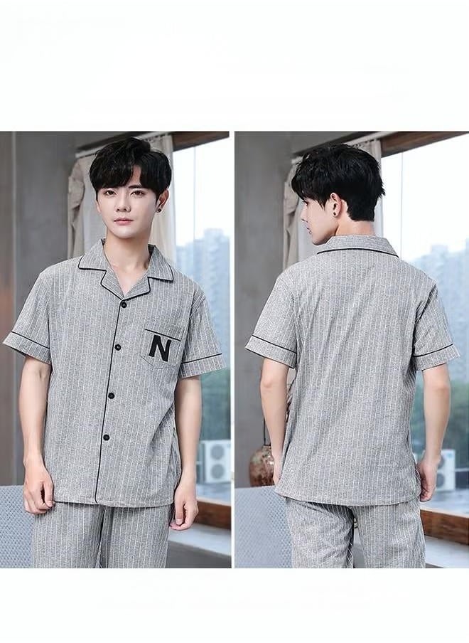 Men's cotton short-sleeve set, long pants suit, fashionable pajamas, men's summer large size loose summer light and comfortable leisure home clothes, blue