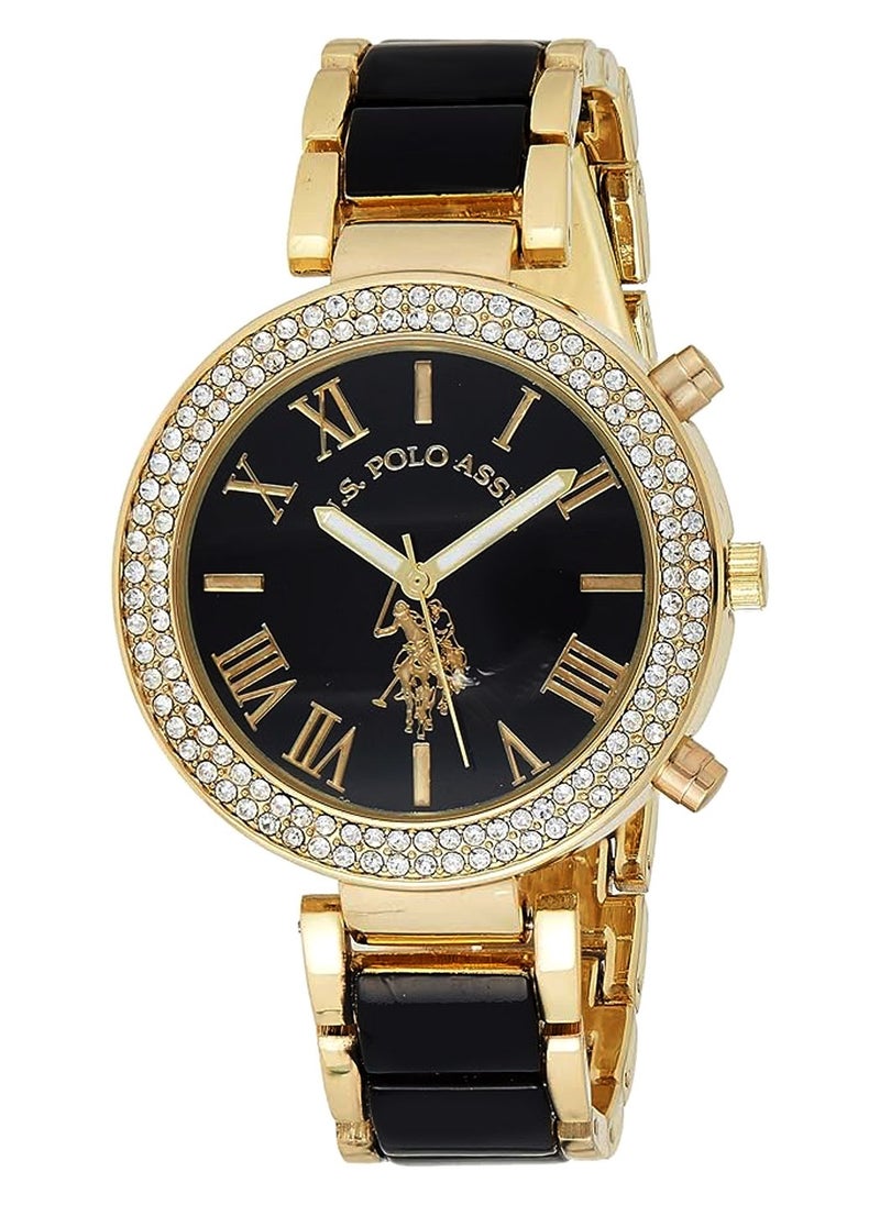 U.S. Polo Assn. Women's Quartz Watch, Analog Display and Gold Plated & black Strap USC40171