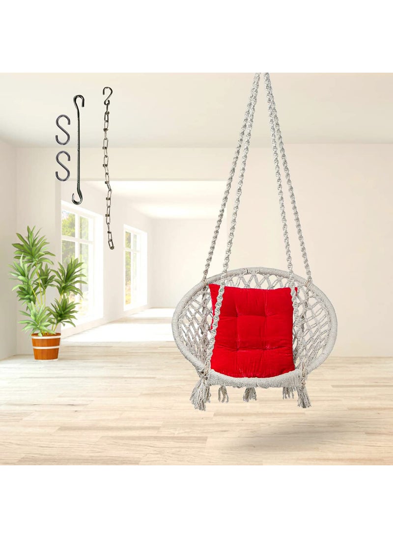 Curio Centre Make in India White Round Cotton Swing with Square Cushion Chain KitHammock Swing for Kids AdultsSwing for BalconyCushion Chain Accessories Included 145x57x43 cmWhite
