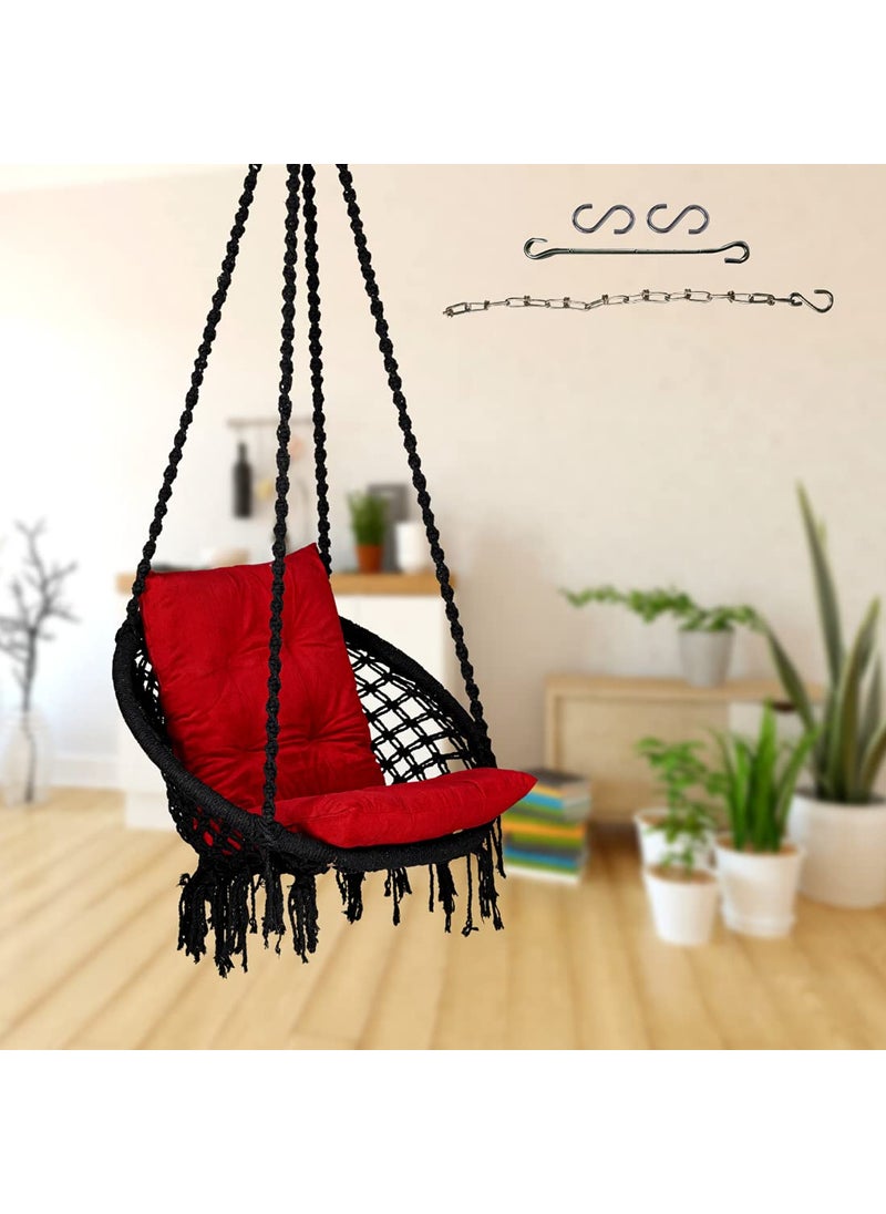 Curio Centre Make in India Black Round Cotton SwingHammock Swing for Kids AdultsSwing for BalconyLCushion Chain Accessories Included 145 cm X 57 cm X 43 cm Black