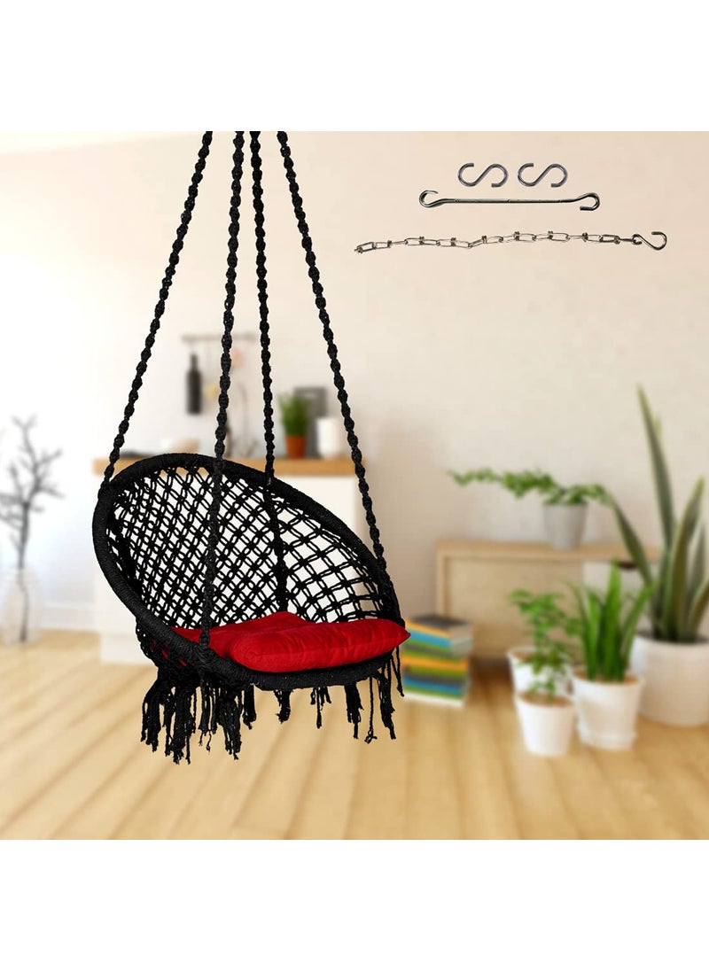 Curio Centre Round Cotton Rope Hanging Swing with Square Cushion Chain Accessories for Adults KidsSwing for IndoorOutdoor HomePatioYardBalcony Garden 145x57x43 cm 100 kgs Capacity Black