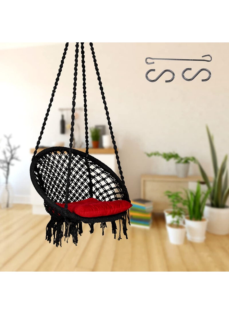 Curio Centre Make in India Round Cotton Rope Hanging Swing with SQCushion Accessories for Adults KidsSwing for IndoorOutdoor HomePatioYardBalconyGarden145x57x43 cm100 kgs CapacityBlack