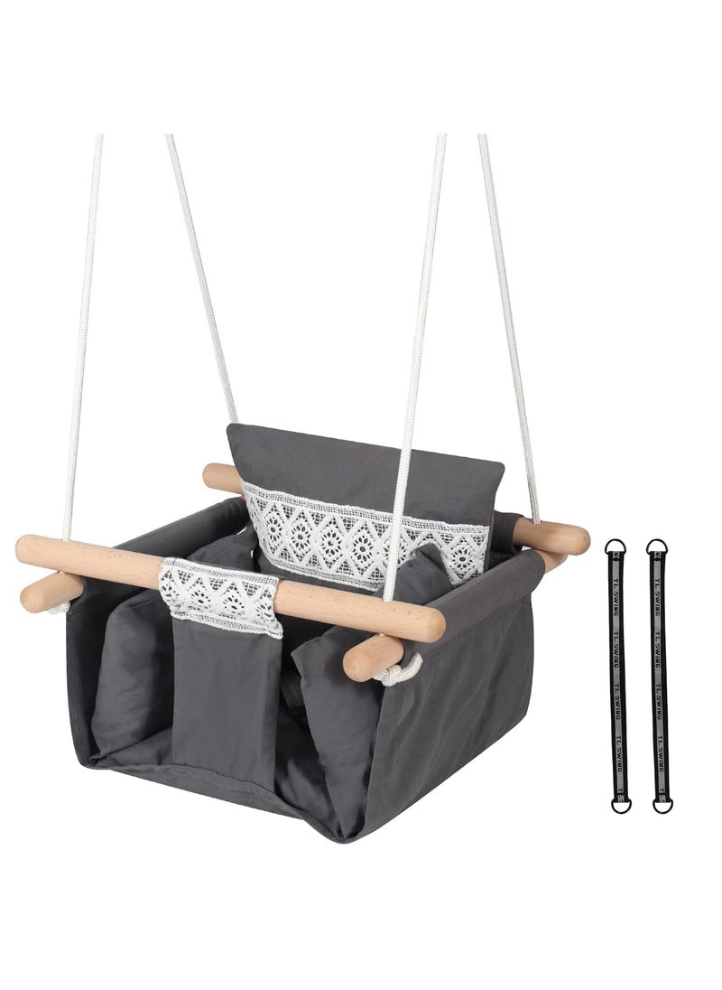 MAPPLE CREATION Baby Swing Seat Canvas Hanging Swing Seat with Safety Belt for Baby Toddler Infant Tree Swing Playground Indoor Outdoor Hammock Swing Dark Gray with Lace
