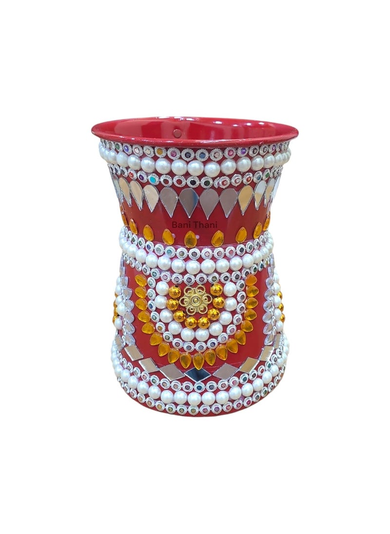 BANI THANI Original Stainless Steel Griha Pravesh Moti Kundan Decorative Kalash Hand Crafted Payali Maap Empty Rice Pot for Bride Entry at Home Moti Work Payali