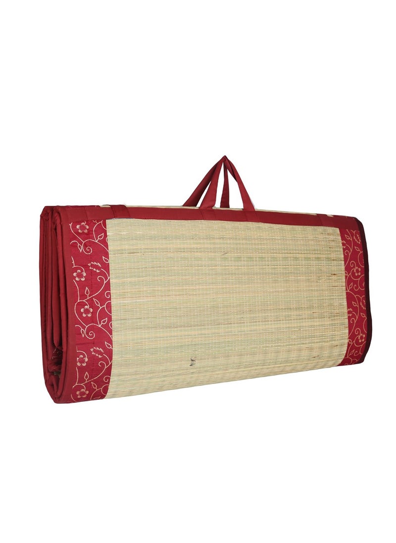 KALA DARSHAN CRAFTS BAZAAR Foldable korai Grass Mat 6X6 ft with 15MM Soft Foam Fabric Maroon Butter Satin