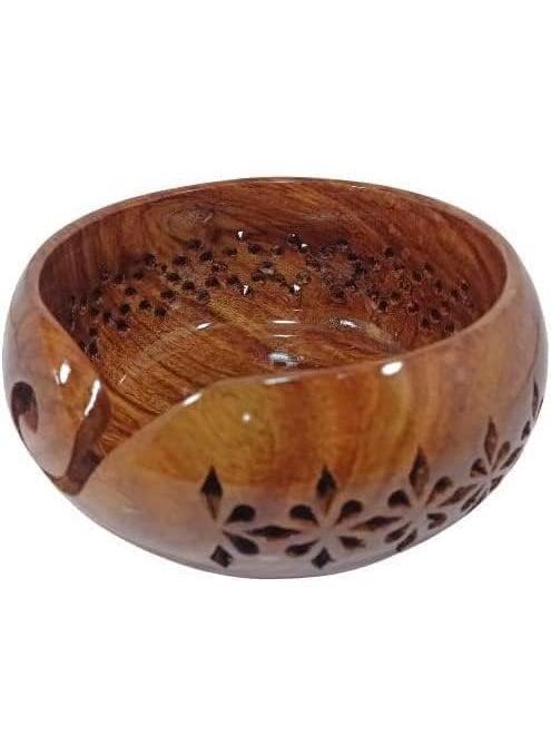 GURU JEE Handmade Wooden Yarn Bowl Wool Ball Holder Knitting Bowl Crochet Holder Gifts Showpiece Natural Brown Jali 2 6x3