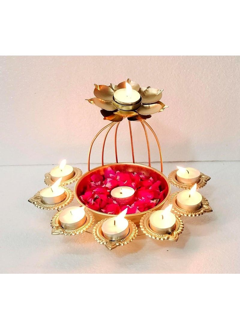 ENLAYWORD Iron Urli Bowl and Metal Diya Set in Lotus Shape with Gold Powder Coating for Home Decor and Diwali Decoration with Floating Flowers and Tea Light Candles
