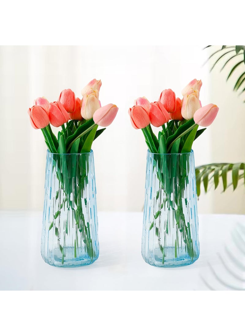 Gleevers Glass Vase for Home Decor 2Pcs 24cm Center Table Decorative Items Flower Vases for Home Decor Dining Table Decorative Items Transparent Flower Vase for Living Room Bookshelf Blue