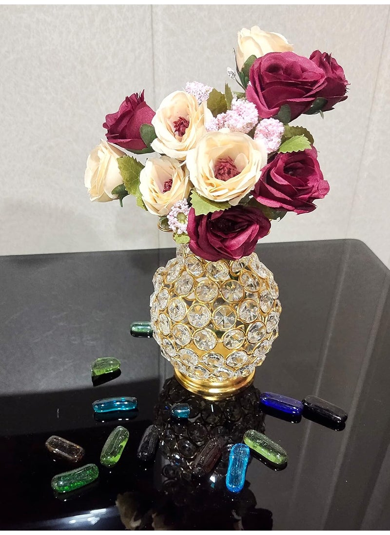 Amishi blissful decor Presents Metal Flower Vase with Crystal Studded Decorative Golden Metal Flower Vase for Home Office Gift 6 Inch Height Without Flower