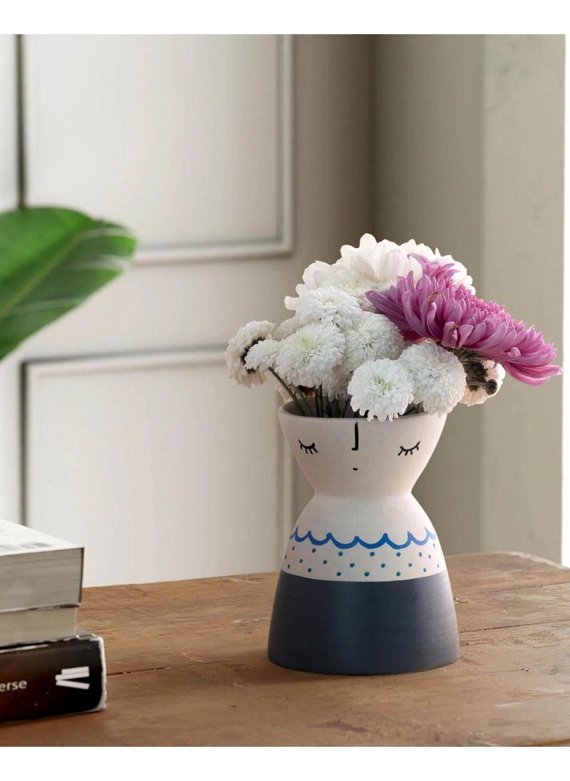 Eyaas Table Decorative Ceramic Flower Vase for Home Dcor Living Room Decor Gifting with Grey Block Blue Edge 5x4 inches