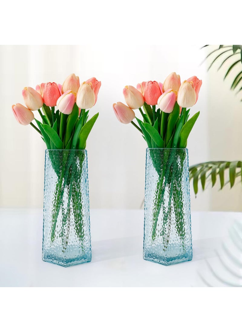 Gleevers Glass Vase for Home Decor 2Pcs 22cm Center Table Decorative Items Flower Vases for Home Decor Dining Table Decorative Items Transparent Flower Vase for Living Room Office Blue