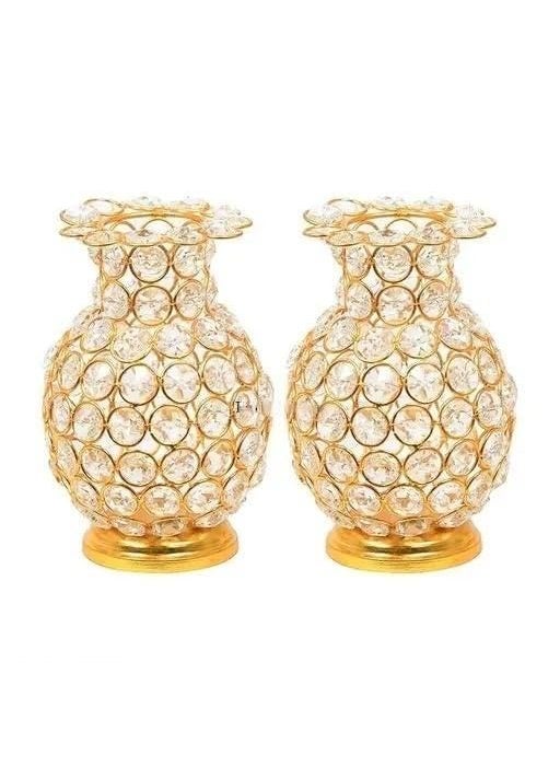 Larko India Combo of Metal Crystal Flower Vase 6 Inch Height Flower Vase for Home Decor Bedroom Living Room Office Wedding Table Decorative Item for Festivals Birthday