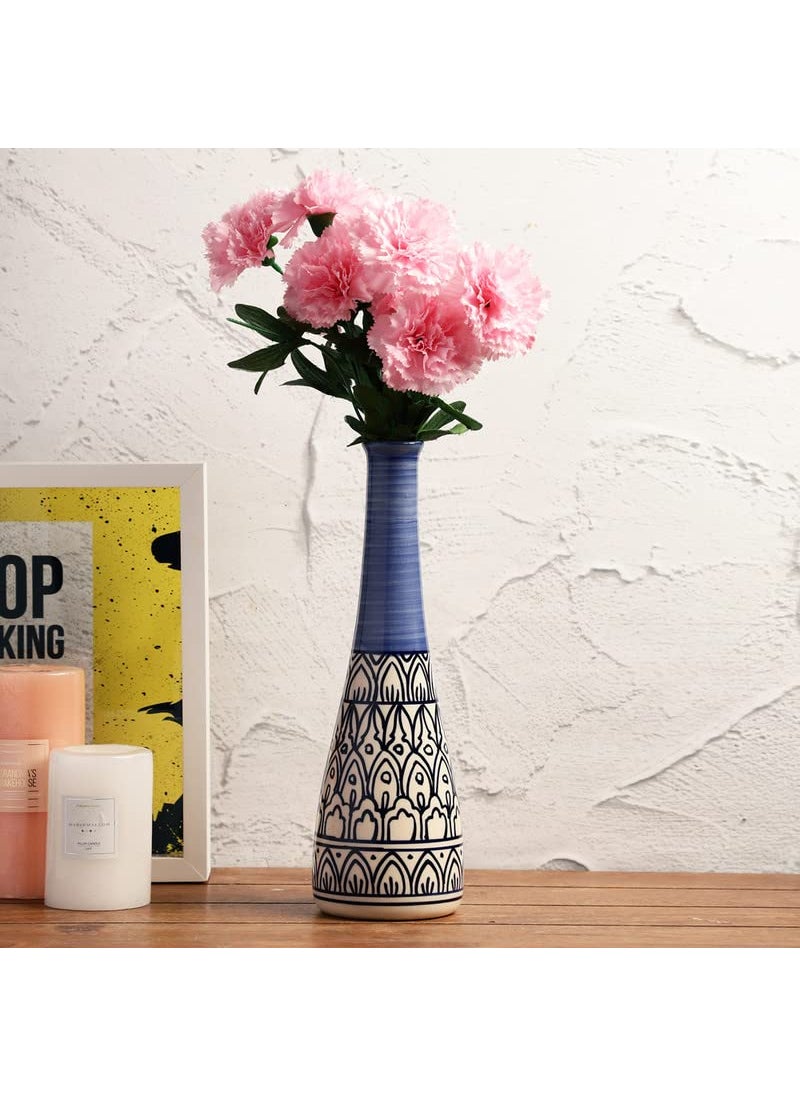 VarEesha HandMade Mehraab Blue OffWhite 12 Inch Narrow Bottle Ceramic Vase Flower Vase Pampas Grass Vase Bottle Vase Table Decor Showpiece Ceramic Flower Pot Offwhite Vase