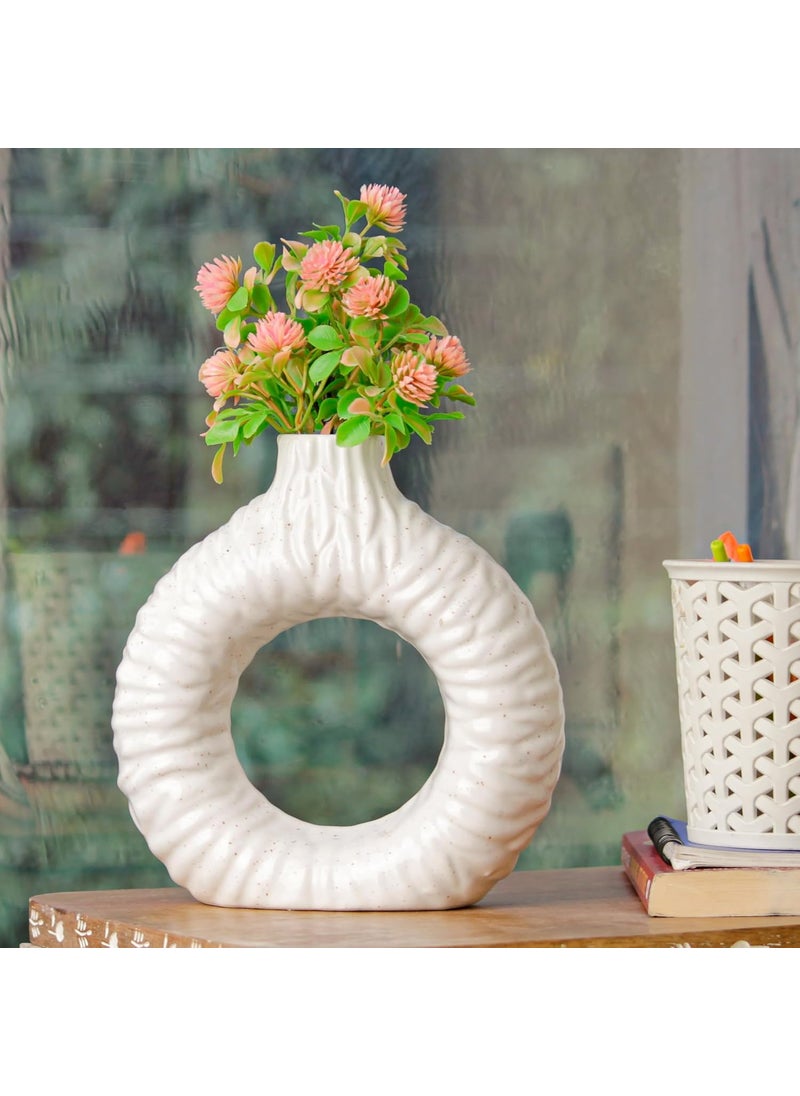 Medhini by Earth Store 73 Inch White Ring Textured Ceramic Vase for Living Room Garden Flower Balcony Bedroom Flower Pot for Home Decor Set of 1 Plant Not Included