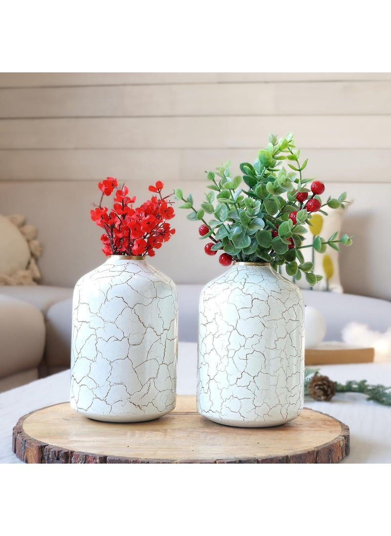 Behoma Metal Flower Vase for Home Decor Bedroom Living Room Table Decorative Item for Festivals 2 Pcs OffWhite Crackled 105 x 157 CM Flower not Included Set of 2