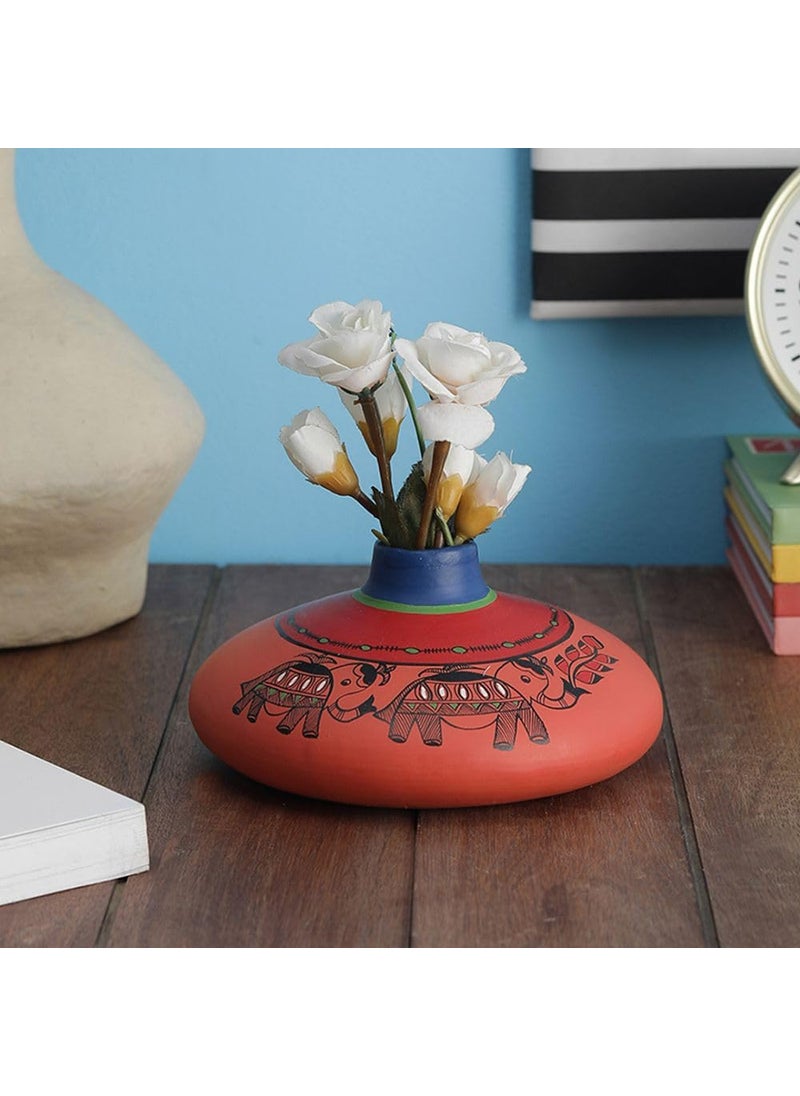 VarEesha Hand Painted Madhubani Coral Flat Terracotta Vase Terracotta Flower Vases for Home Decoration Vases for Home Office Earthen Flower Pots Terracotta Pots for Pampass Grass Vase 7 in