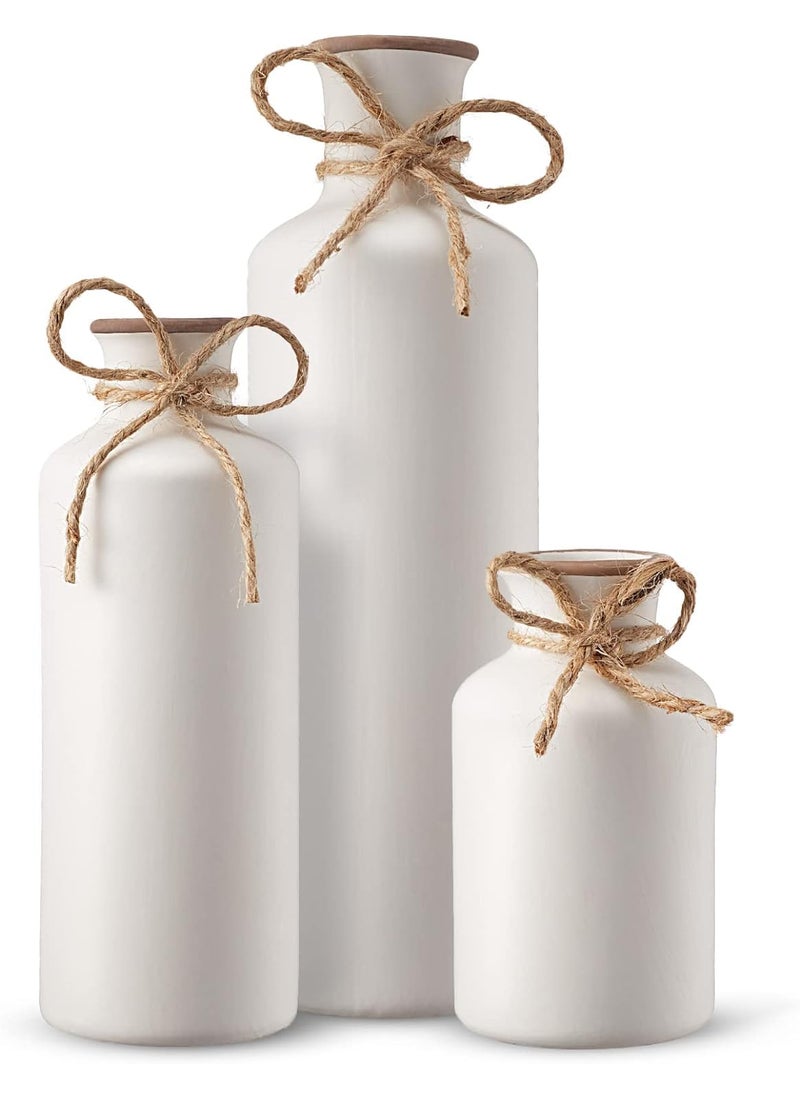 PUREZENTO Vintage Roman White Vase Set of 3 Decorative Bottle Shaped Vases with Twine Bow for Rustic Farmhouse Home Decor Showpiece Vases for Living Room Dining Table Office Styling