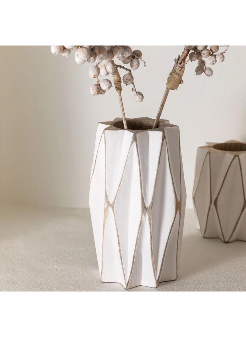 Duadecor Wooden Flower Vase for Home Decor Mango Wood Round Hand Carved Vase for Tabletop Decoration Boho Rustic Dry Flowers Pot Perfect Unique Gift Item Pen Holder White Wash Large