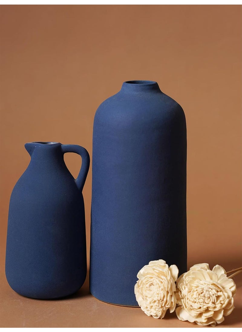 PUREZENTO Navy Blue Ceramic Vase Set of 2 Cylinder Jug Shape Vases for Modern Home Decor Vase for Pampas Grass Dried and Artificial Flowers Vases for Home Decor Living Room Office Decor
