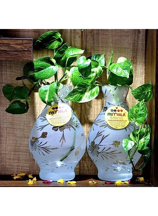 Mithila Handicrafts Glass Vases Flower Pots Set of 2 for Flowers Plants Home Decor Balcony IndoorOutdoor Elegant Printed Designed Vases Glass Pot 24x15 cm