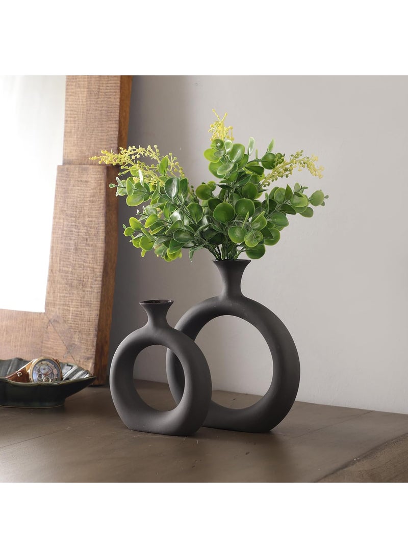 The Decor Mantra Beautiful Donut Ceramic Decorative Vases for Home Decor Center Table Flowers Pot Bedroom Side Corners Living Room Decoration and Party Centerpieces Pack of 2 Black Color