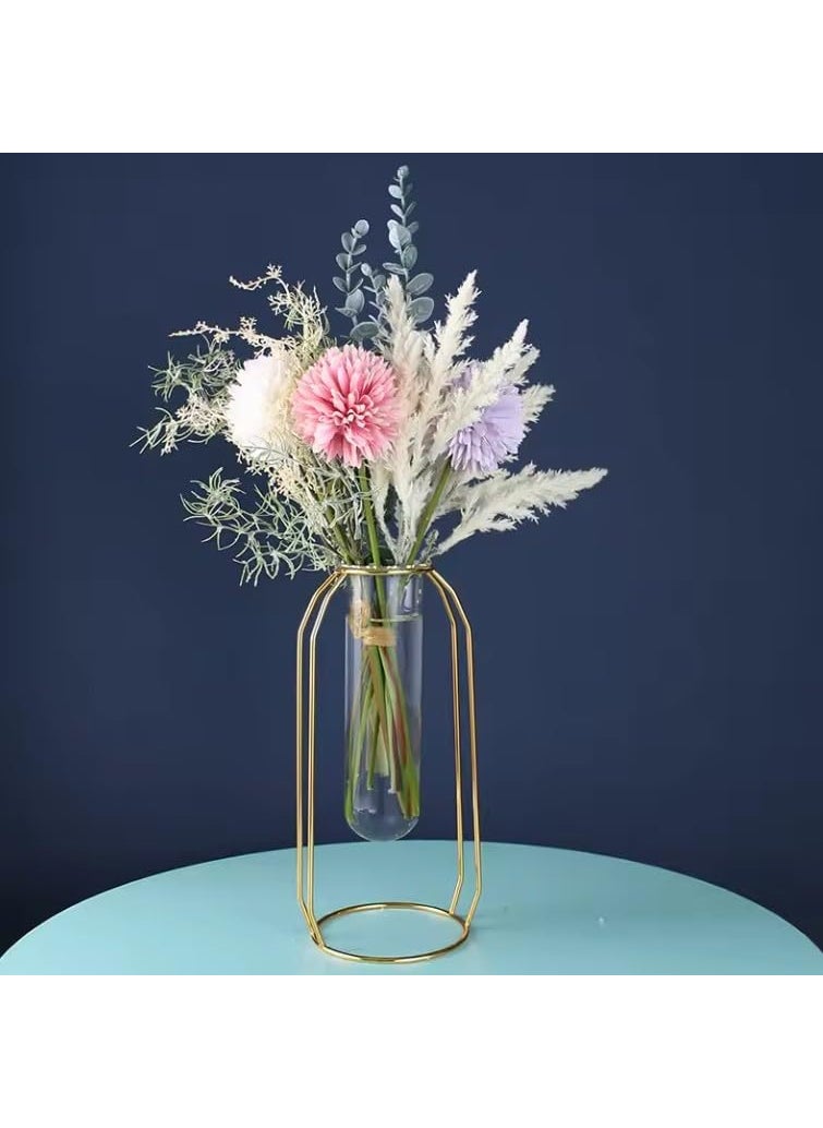 GOLDEN HUES Glass Test Tube Vase with Metal Frame Test Tube Flower Vase B Flower Vase with Stand for Home Decoration Living Room Corner Table Golden