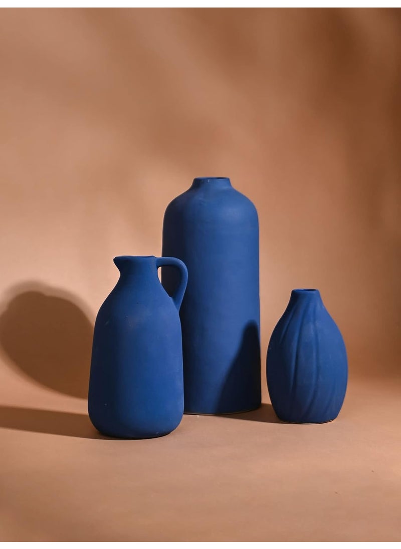 PUREZENTO Modern Blue Ceramic Vase Set of 3 Vase for Elegant Home Decor Living Room Bedroom Office Decoration Decorative Vase for Pampas Grass Fresh Dried and Artificial Flowers