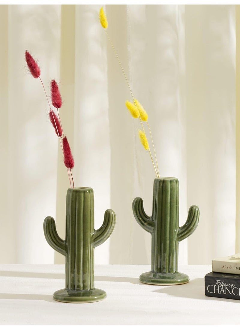 Purezento Ceramic Cactus Vase Decor Showpiece Perfect for Home and Office or Living Room Bottle Shape Flower Vase Centre Showpiece Flower Vase Set of 2