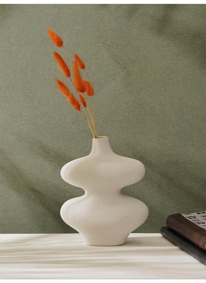 Purezento Double Circle Bottle Shaped Matt White Colour Ceramic Flower Vase Decor Showpiece for Home and OfficeLiving Room Diwali Decoration Items Gifting Flowers Holder for Decor Festival