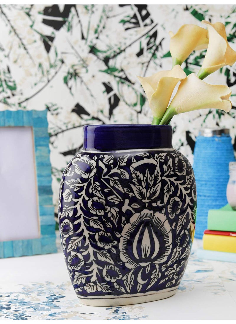 VarEesha HandMade Hand Crafted Blue Mughal Ceramic Flat Vase Flower Vase Pampas Grass Vase Ceramic Vase Blue Vase Home Decor Centrepiece Table Decor Showpiece Ceramic Flower Pot