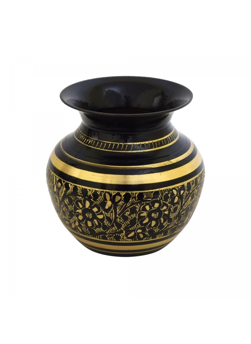 Tarang Arts Brass Oval Flower Vase with Bidri Ware Works Round Base Black Gold Painted Finish Brass Flower Vase for Home Decoration Handcrafted Metal Flower Pot Stand 4x4 Inches