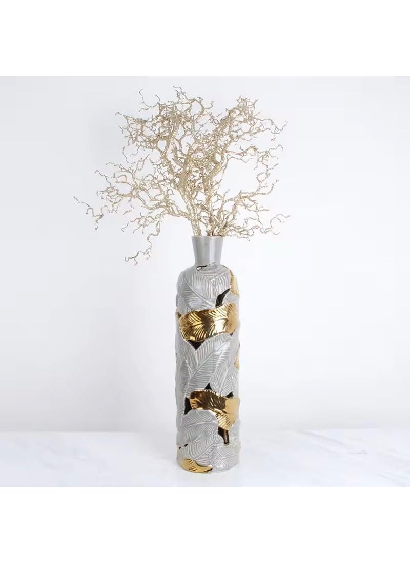 GOLDEN HUES Ash Gold Leaf Vase A Ceramic Vase Classic Flower Pot for Home Office Living Room Stylish Ash Grey