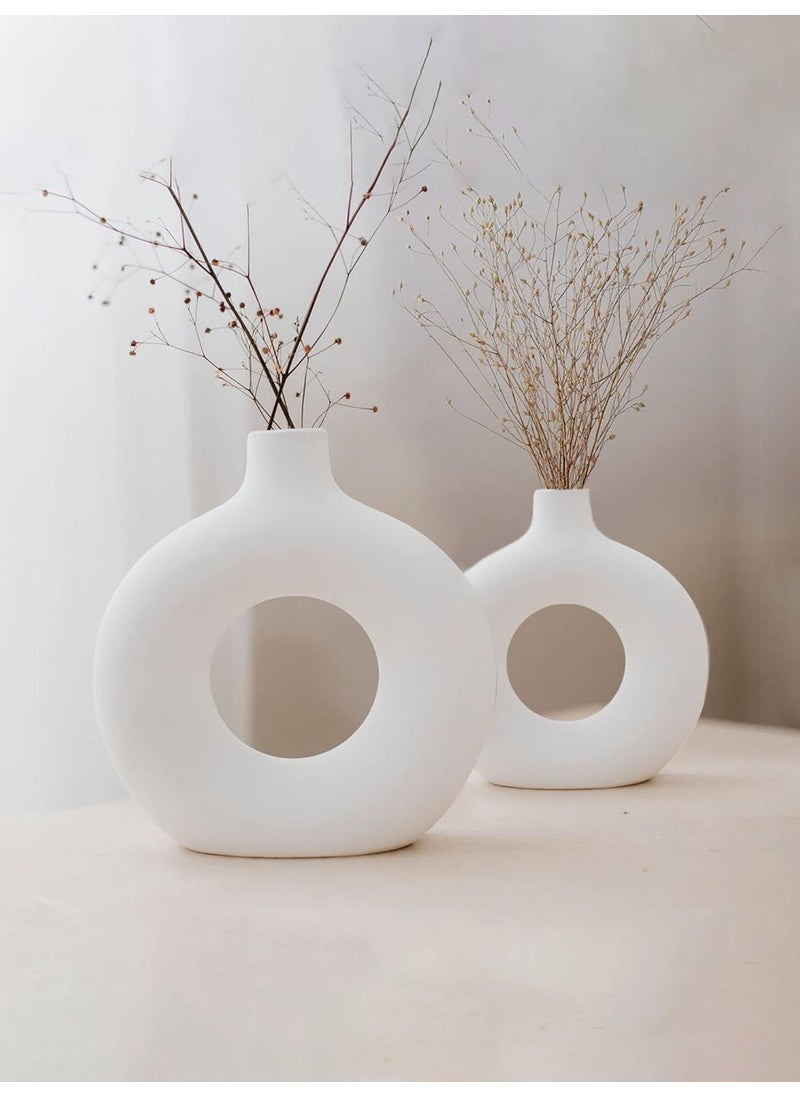PUREZENTO Ceramic White Donut Vase 6 8 Inch Set of 2 Decorative Donut Vase for Dried Flowers and Pampas Grass Vases for Modern Home Decor Living Room Office Decor Ideas