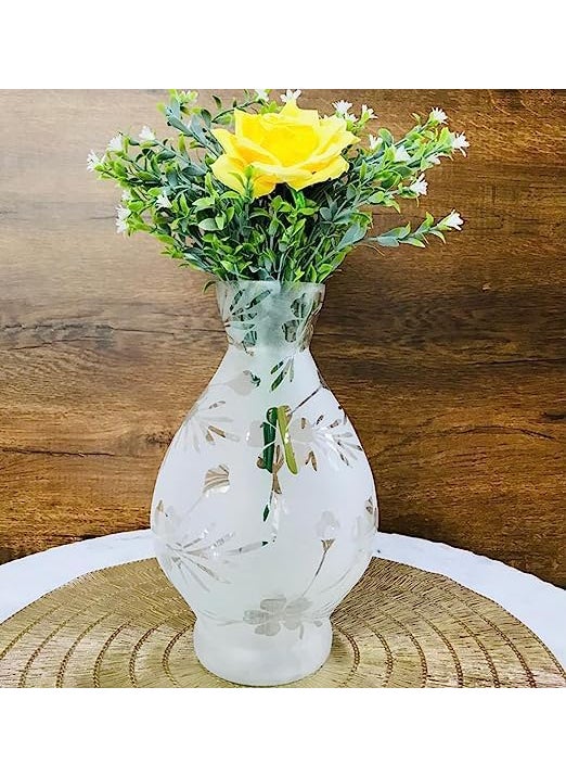 Mithila Handicrafts Glass Vase Flower Pot for Home Decor Living RoomBedroom Money Bamboo Water Plants Frosted Vase with Elegant Printed Design 24x15 cm