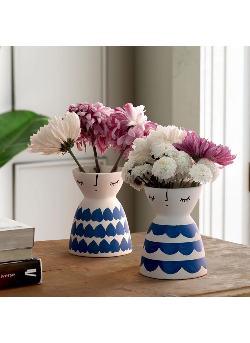 Eyaas Table Decorative Ceramic Flower Vase Set of 2 for Home Dcor Living Room Decor Gifting White Blue Hearts Scallops 5x4 inches