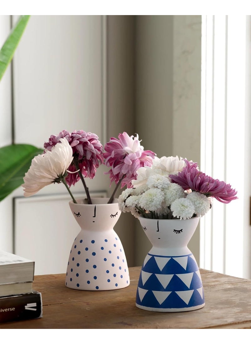Eyaas Table Decorative Ceramic Flower Vase Set of 2 for Home Dcor Living Room Decor Gifting White Blue Dot Triangle 5x4 inches