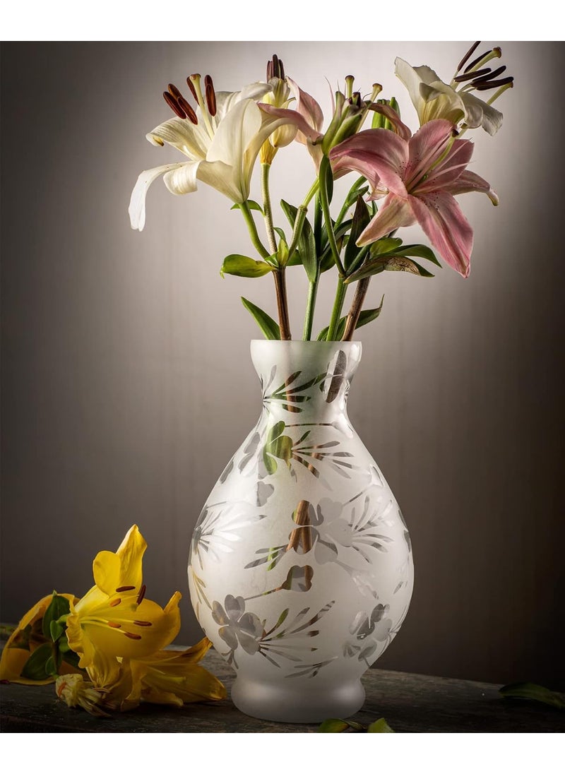 Mithila Handicrafts Flower Pot Glass Vase for Money Bamboo Water Plants Flowers Elegant Frosted Printed Design Glass Pot Home Decor Living RoomBedroom 24x15 cm