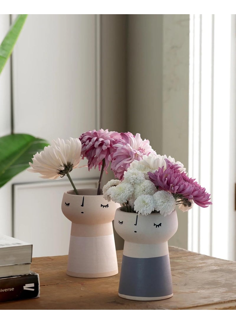 Eyaas Table Decorative Ceramic Flower Vase Set of 2 for Home Dcor Living Room Decor Office Table Decoration Gifting White GreyBlock 5x4 inches