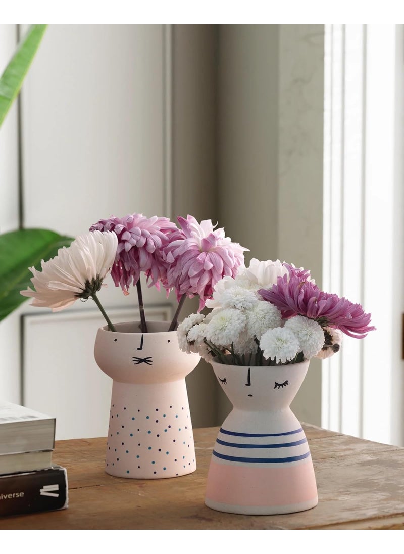Eyaas Table Decorative Ceramic Flower Vase Set of 2 for Home Dcor Living Room Decor Gifting White Pink Blue Lines Dots 5x4 inches