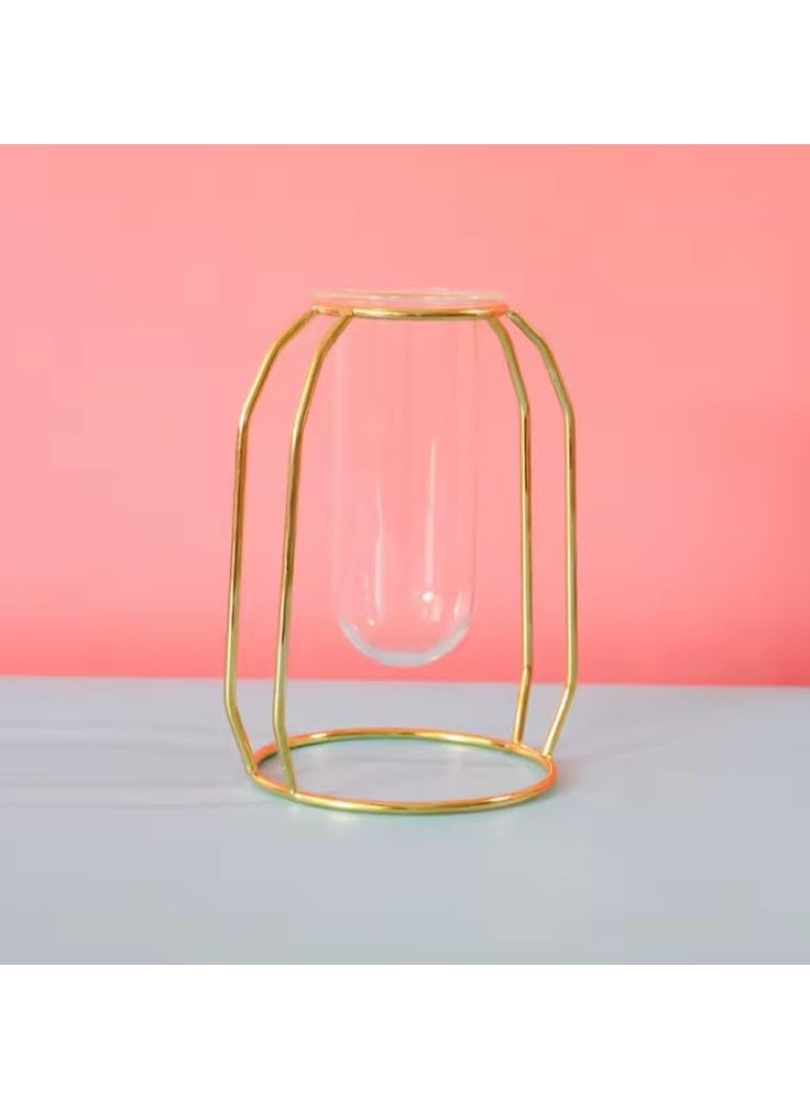 GOLDEN HUES Glass Test Tube Vase with Metal Frame Test Tube Flower Vase A Flower Vase with Stand for Home Decoration Living Room Corner Table Golden