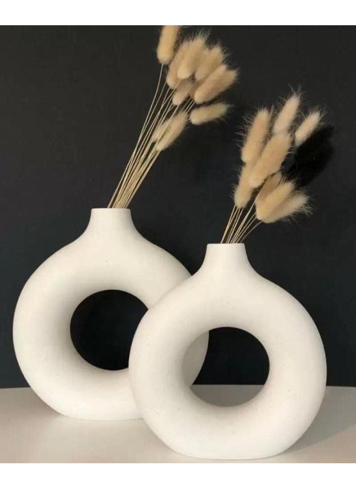 DREAM SHADES Mini Donut Vase Flower Vase Pampas Grass Vase Ceramic Vase Round Shaped Vase Home Decor Centrepiece Decor Showpiece Donut Vase 6 Inches Pack of 2 White White