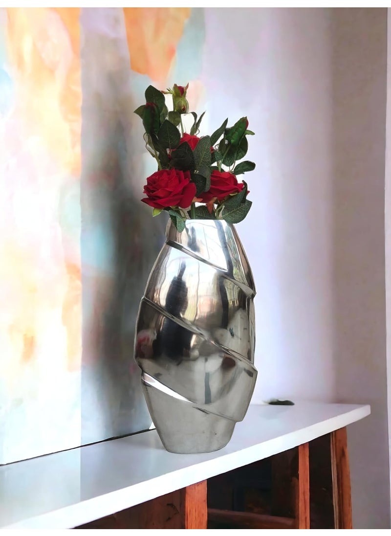blissful decor Presents Handicrafts Metal Aluminum Finish Metallic Large Floor Vase Aluminum Unbreakable Vase Flower Pot Flower Vase for Home Decor Living Room bedrooms Office Decoration Silver
