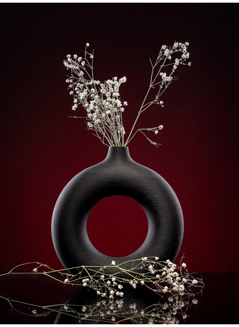 The Vintage Artefacts Ceramic Donut Vase Small Size Round Shape for Indoor Table and Home Dcor Black Matte Standard