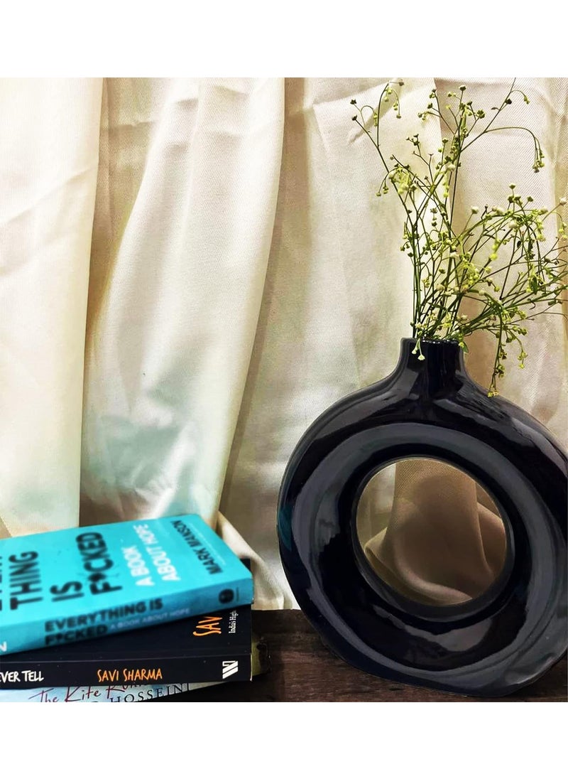 Krasiv Black Donut Vase for Home Decor Ceramic Glossy Round Shape Hollow Big Vase 8inch
