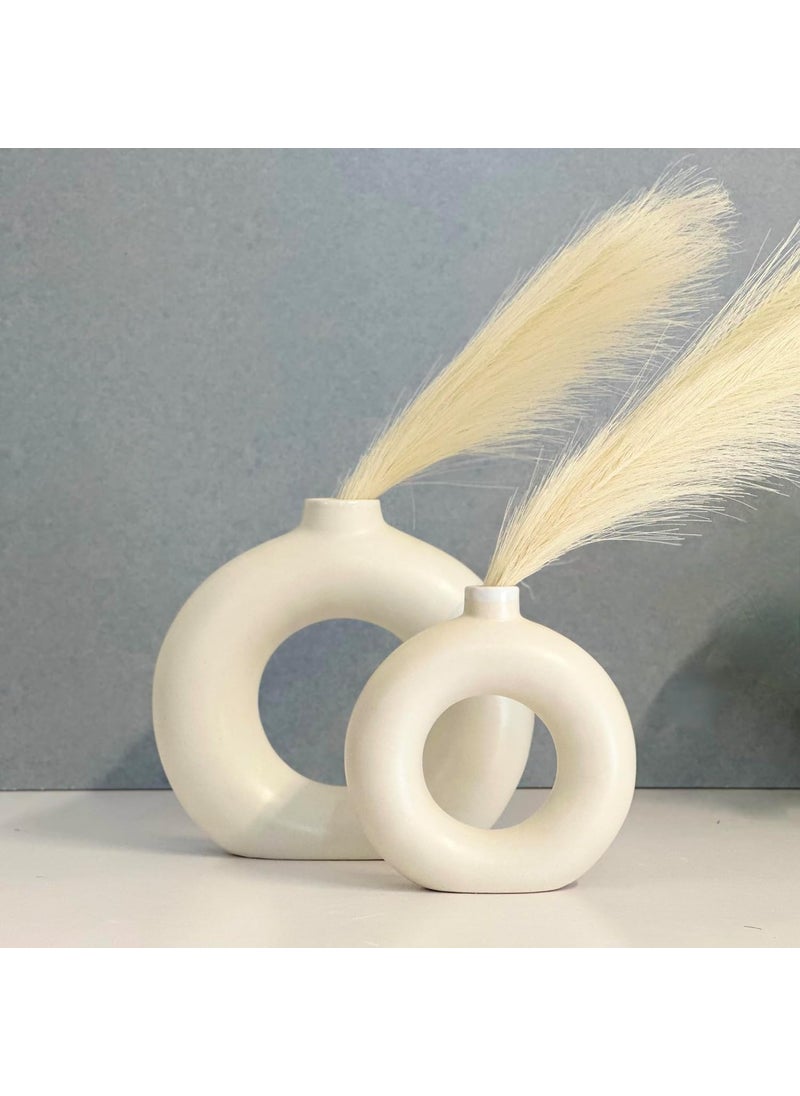 URBAN SENSE Donut Flower Vase White Ceramic Circle Pampas Grass Vase for Home Decor Round Vase Showpiece Living Area TV Unit Housewarming Gift Pack of 2 6 Inch 8 Inch