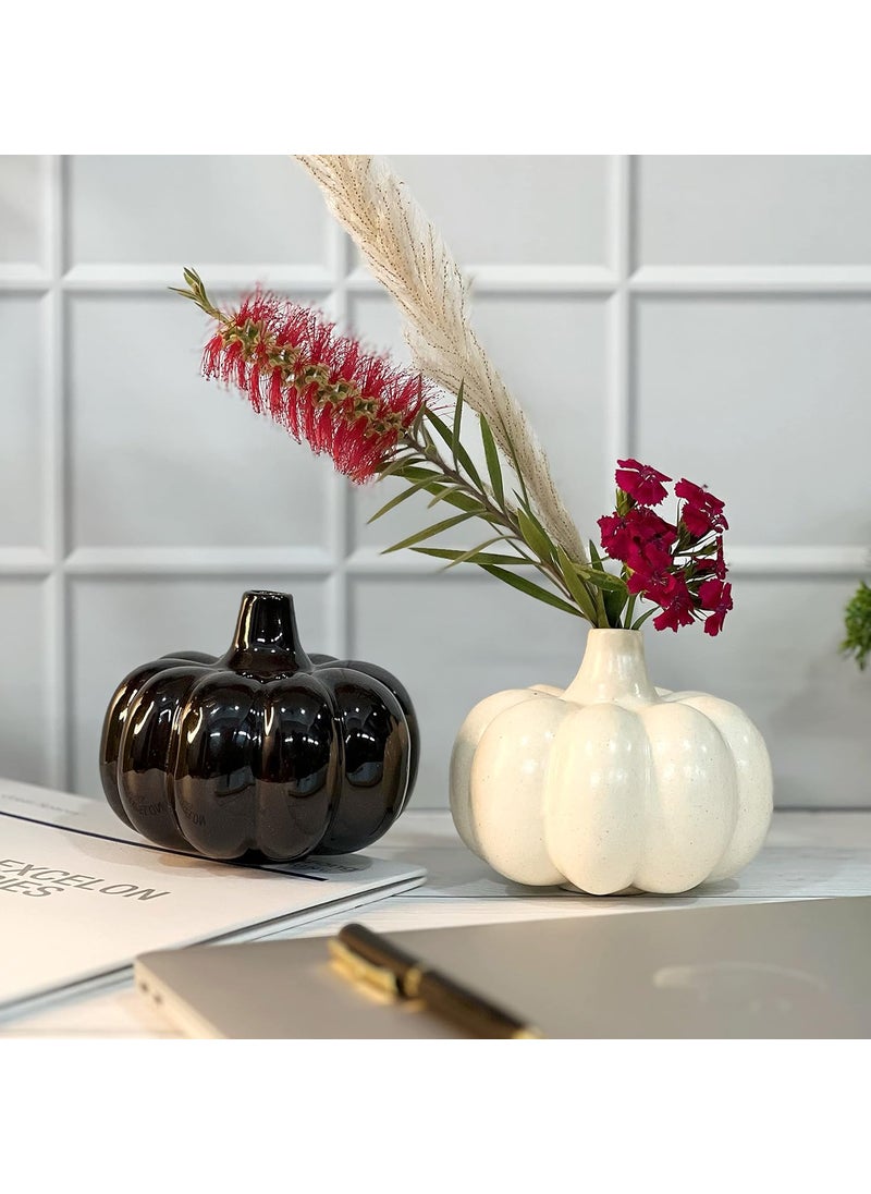 Praahi Lifestyle Handmade Ceramic Pumpkin vase Set of 2 Black White Modern Home Office Table Decor vases Living Room Center Table Ceramic Pot