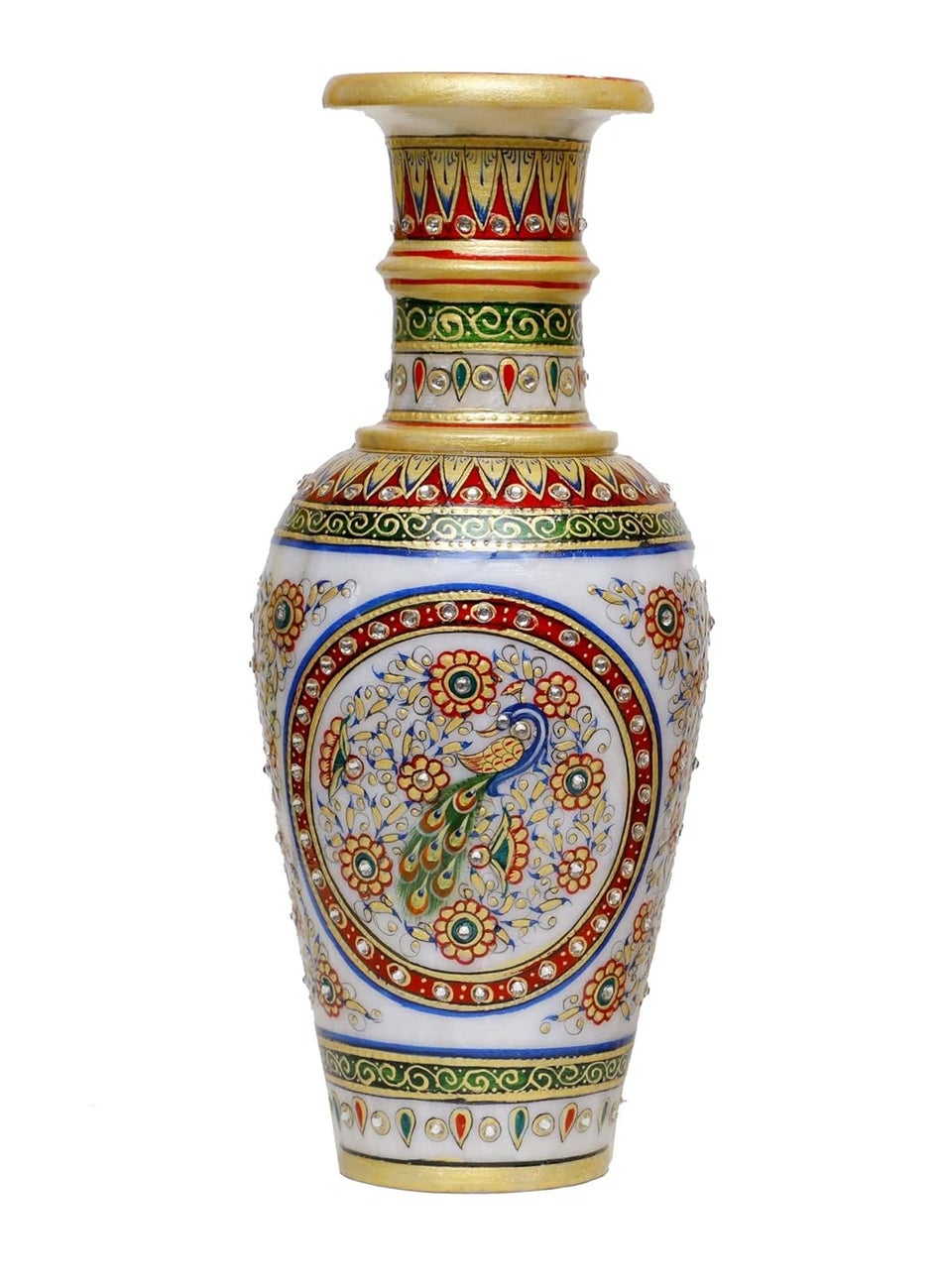 Anjali Arts Designers Decorative Marble Flower Vase Round Shape Beautiful Peacock Style Handpainted Work Showpiece Vases for Home Decoration Multicolor 125x125x30 cm 12 Inch